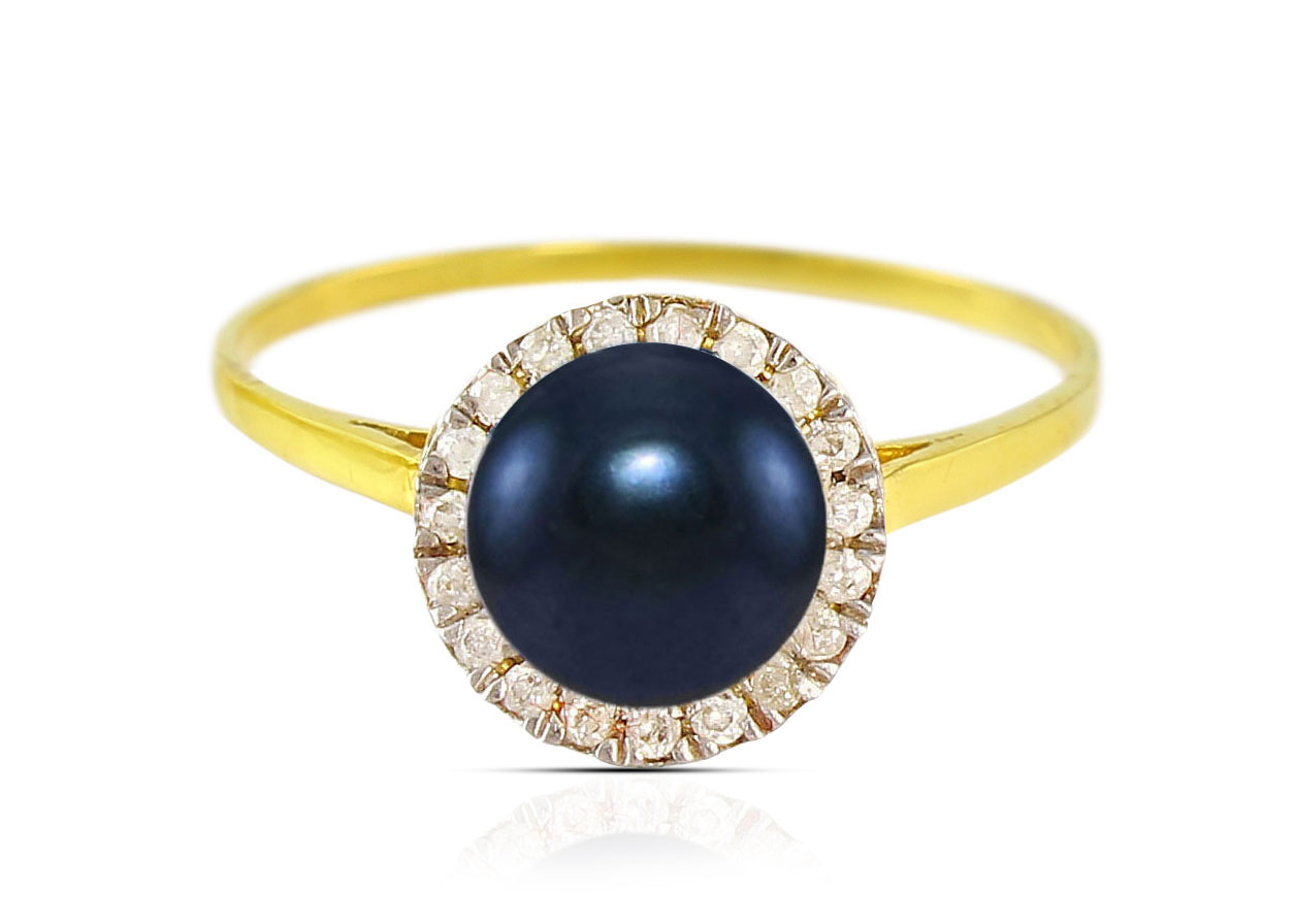 Vera Perla 18K Solid Yellow Gold 0.10cts. Genuine Diamonds and 6mm Genuine Black Pearl Ring - 6 US