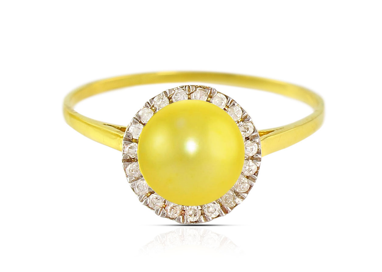 Vera Perla 18K Solid Yellow Gold 0.10cts. Genuine Diamonds and 6mm Genuine Golden Pearl Ring - 6 US