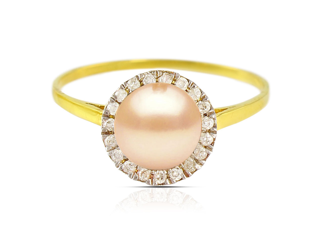Vera Perla 18K Solid Yellow Gold 0.10cts. Genuine Diamonds and 6mm Genuine Pink Pearl Ring - 6 US