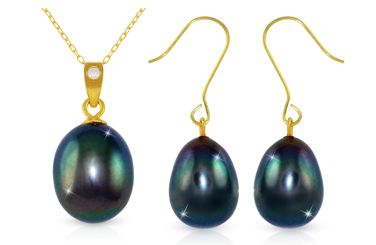 Vera Perla Blk. Pearl 18K Gold Diamond Pendant with 18K Gold Chain/Earring