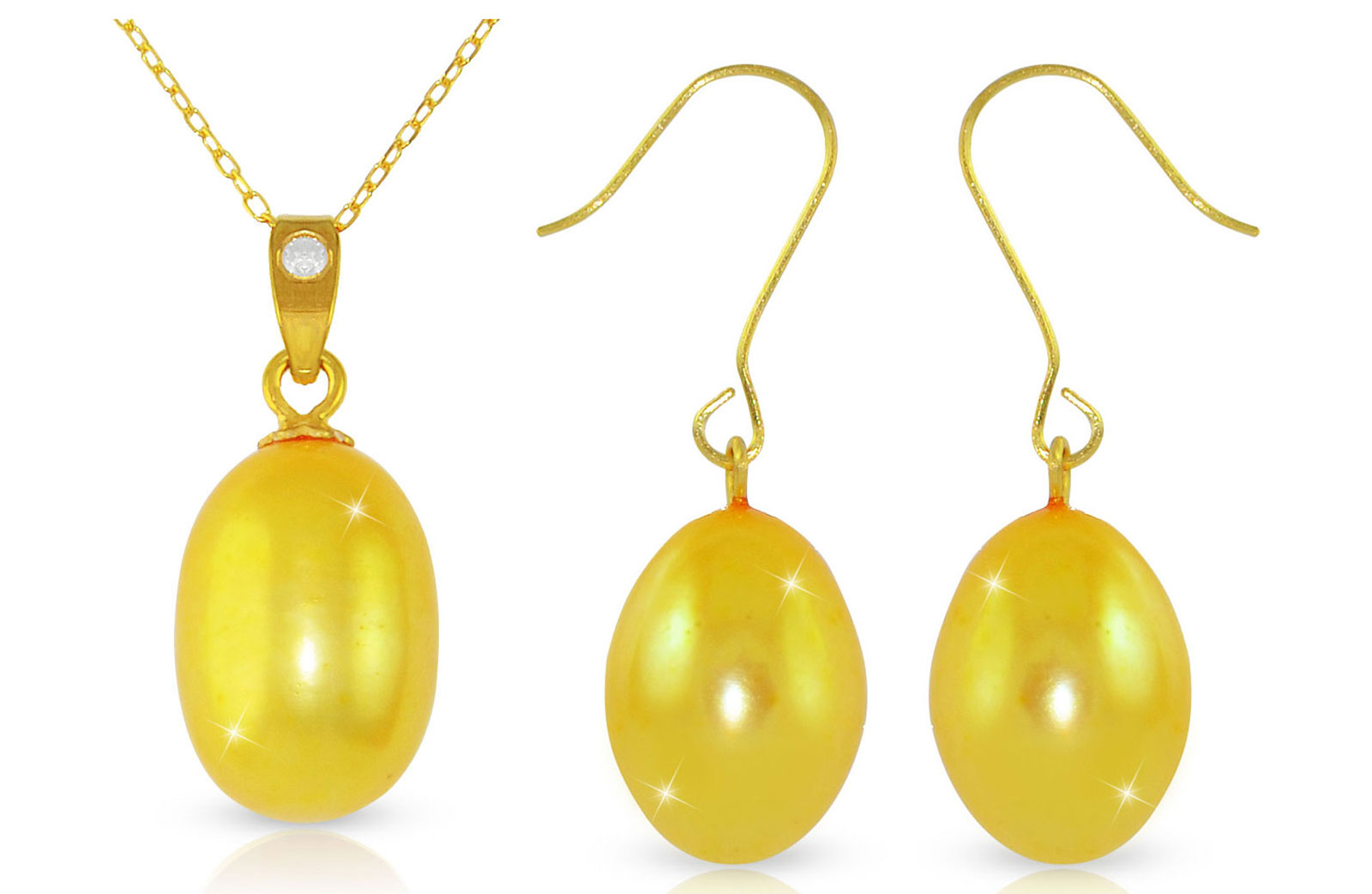 Vera Perla Gold Pearl 18K Gold Diamond Pendant with 10K Gold Chain Earring