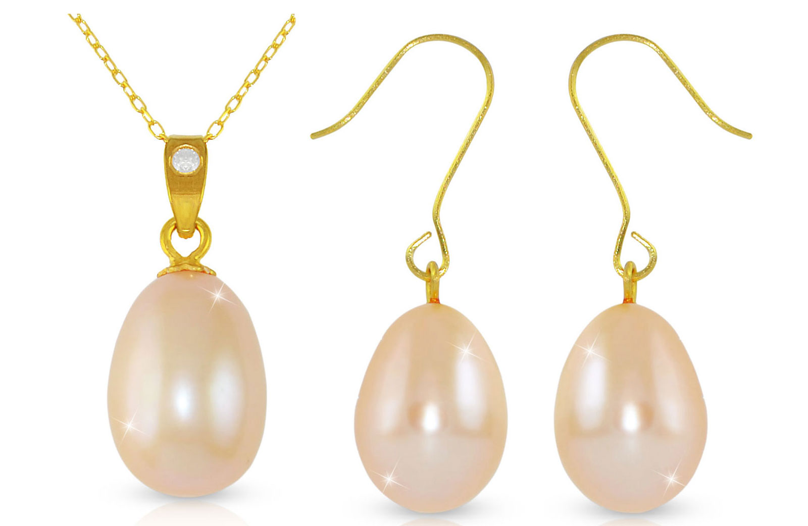 Vera Perla Pink Pearl 18K Gold Diamond Pendant with 10K Gold Chain Earring