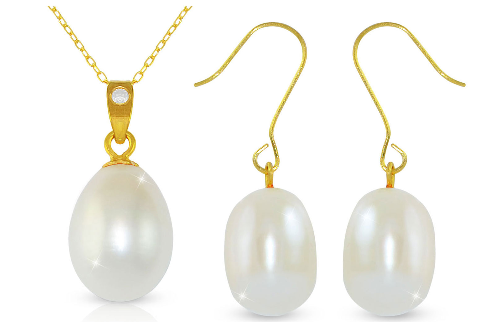 Vera Perla Wht. Pearl 18K Gold Diamond Pendant with 10K Gold Chain/Earring