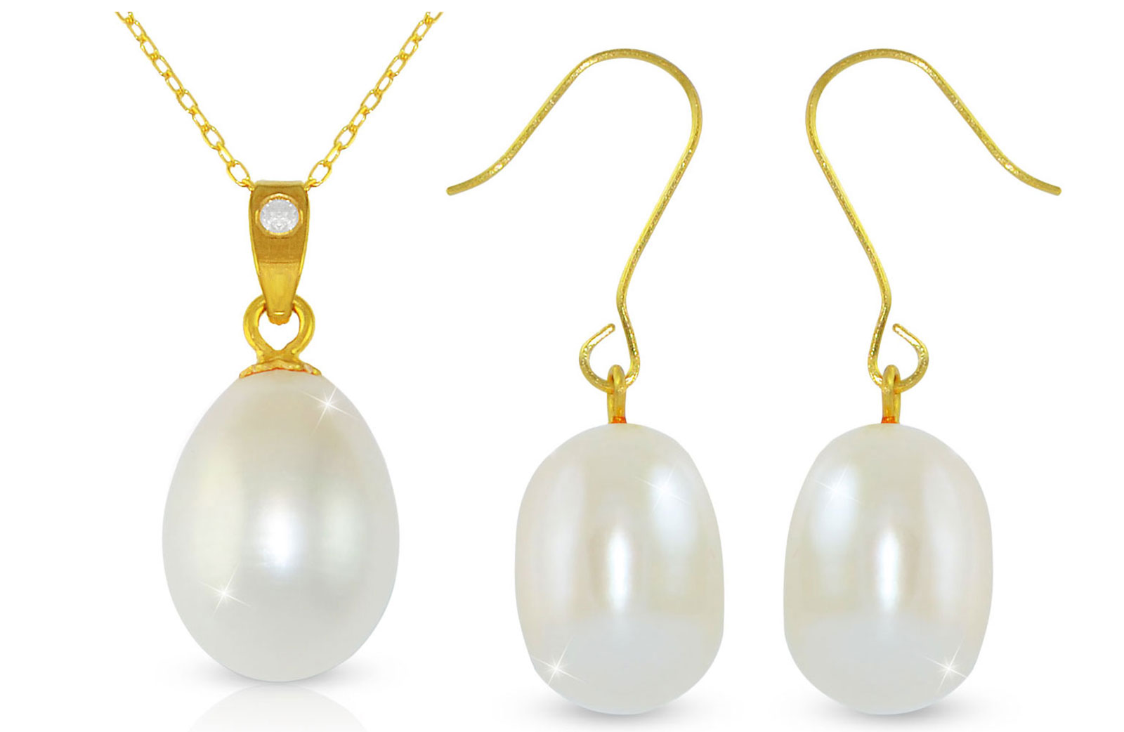 Vera Perla Whte. Pearl 18K Gold Diamond Pendant with 18K Gold Chain/Earring