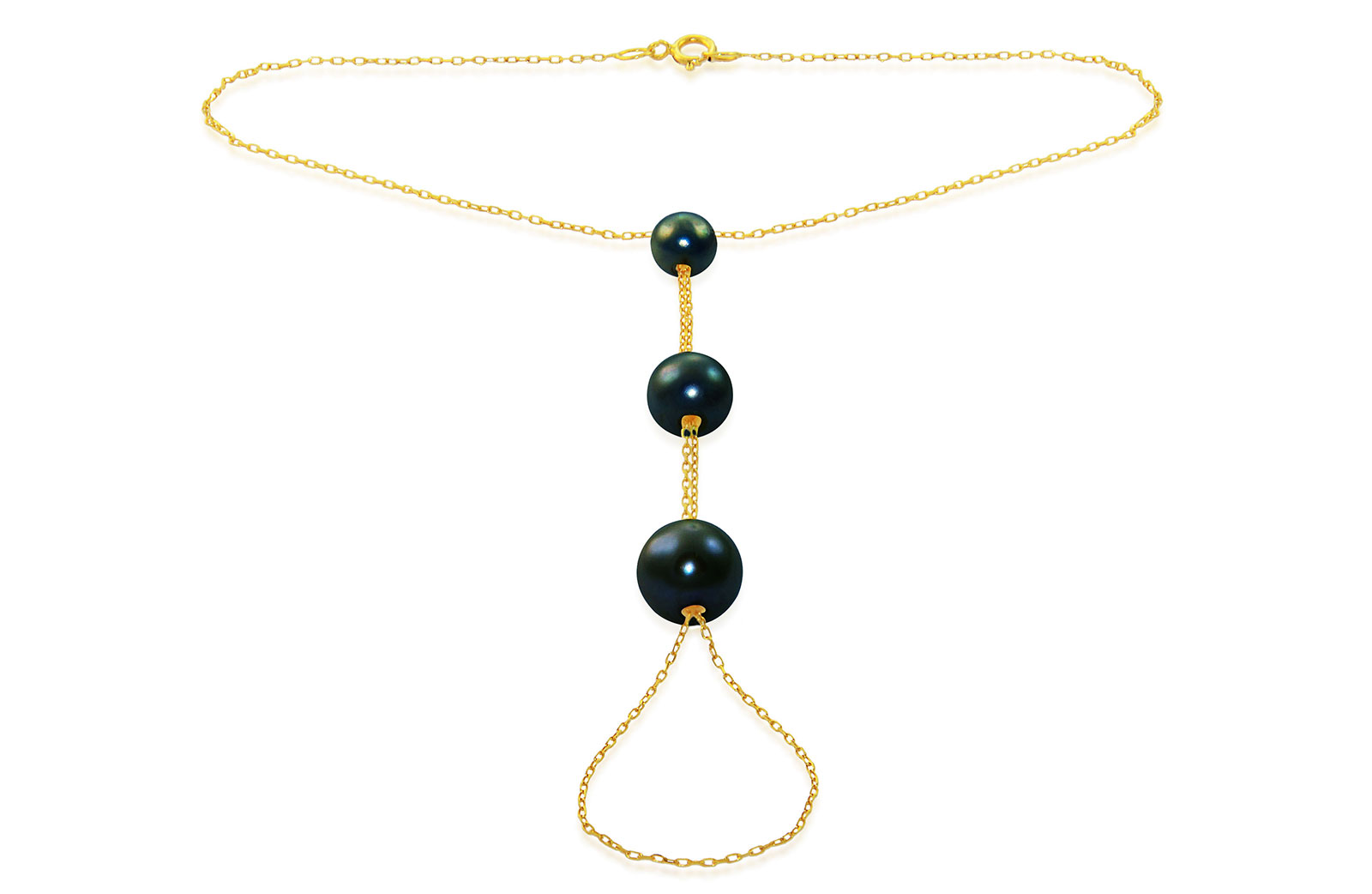 Vera Perla Women's 10K Gold Gradual Built-in Black Pearl Bracelet Ring