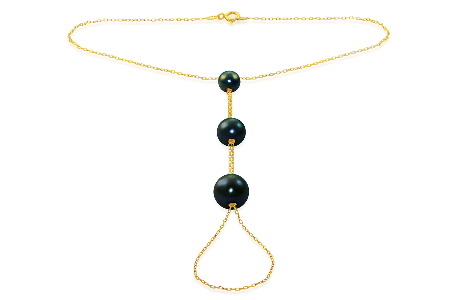 Vera Perla Women's 18K Gold Gradual Built-in Black Pearl Bracelet Ring