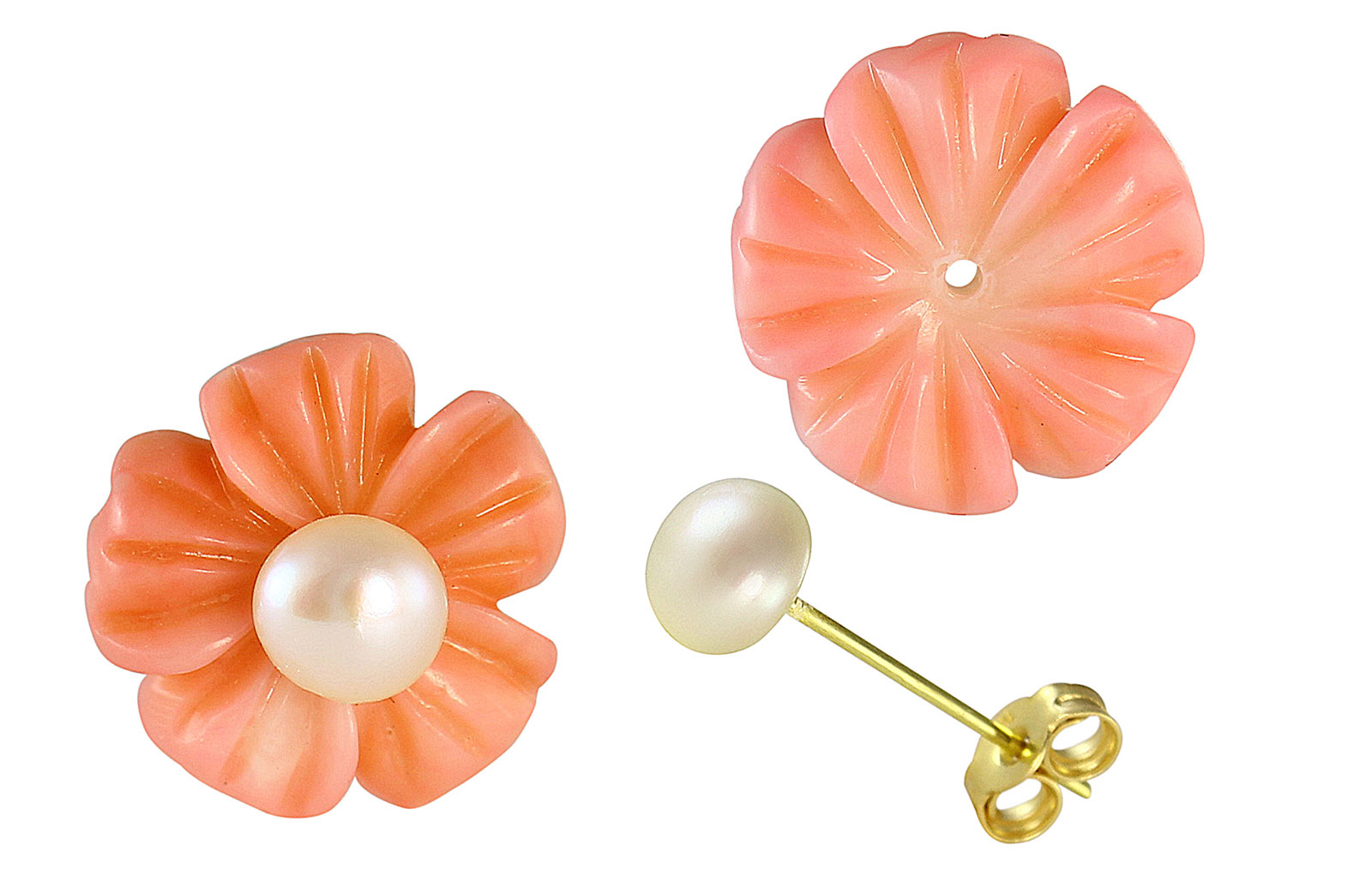 VP Jewels 18K  Yellow Gold,Pink Coral Flower  and 4-5MM Genuine White Pearls Earrings
