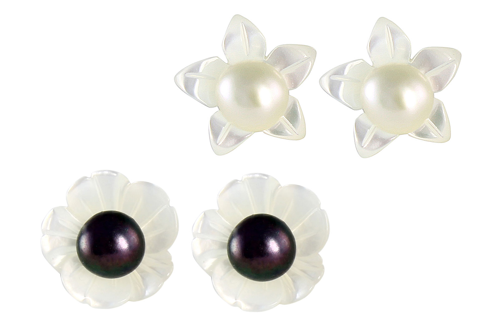 VP Jewels 18K  Yellow Gold,White Shell Flower  and 4-5MM Genuine Black  +  White Pearls Earrings 