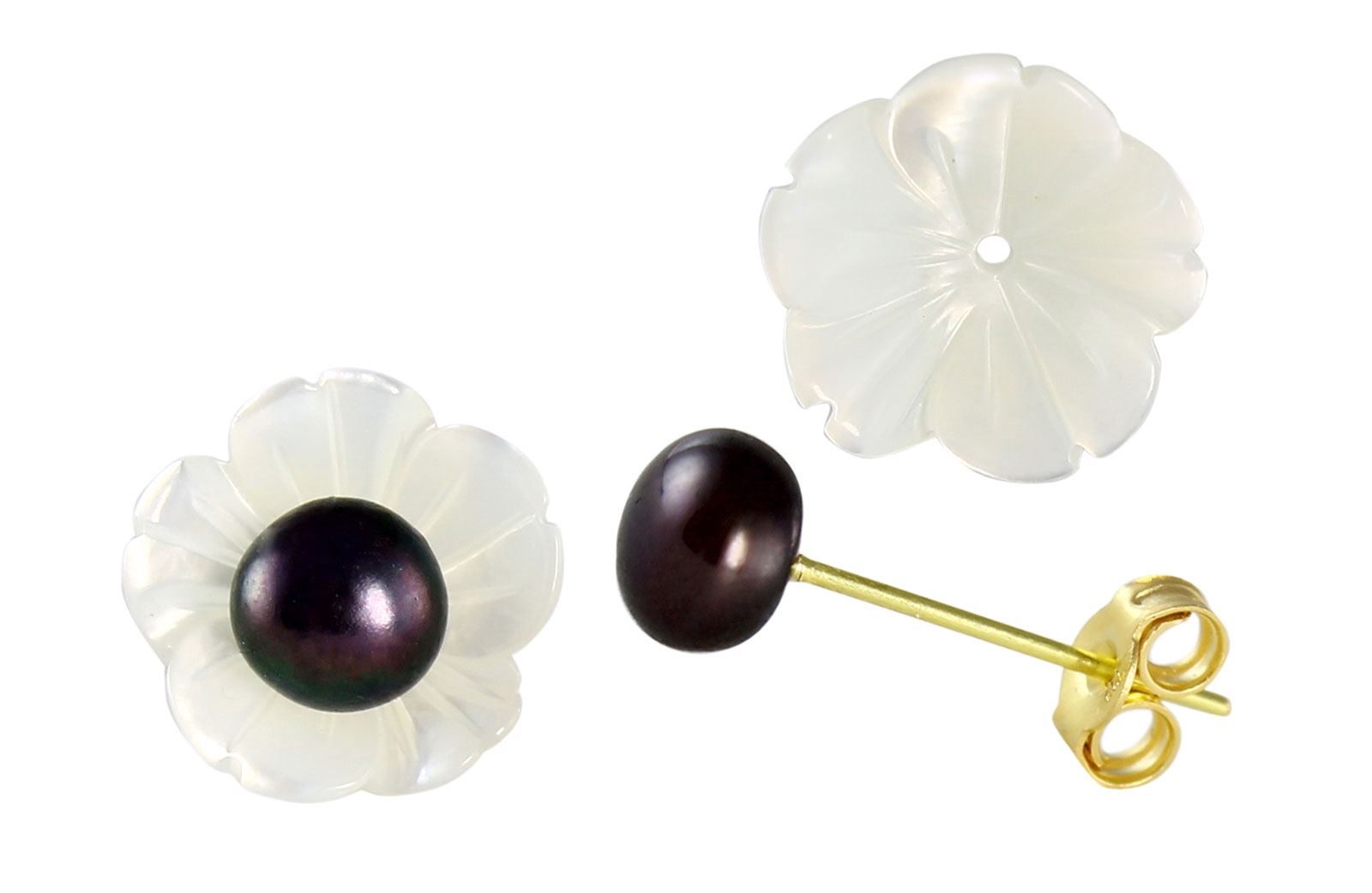 VP Jewels 18K  Yellow Gold,White Shell Flower  and 4-5MM Genuine Black Pearls Earrings