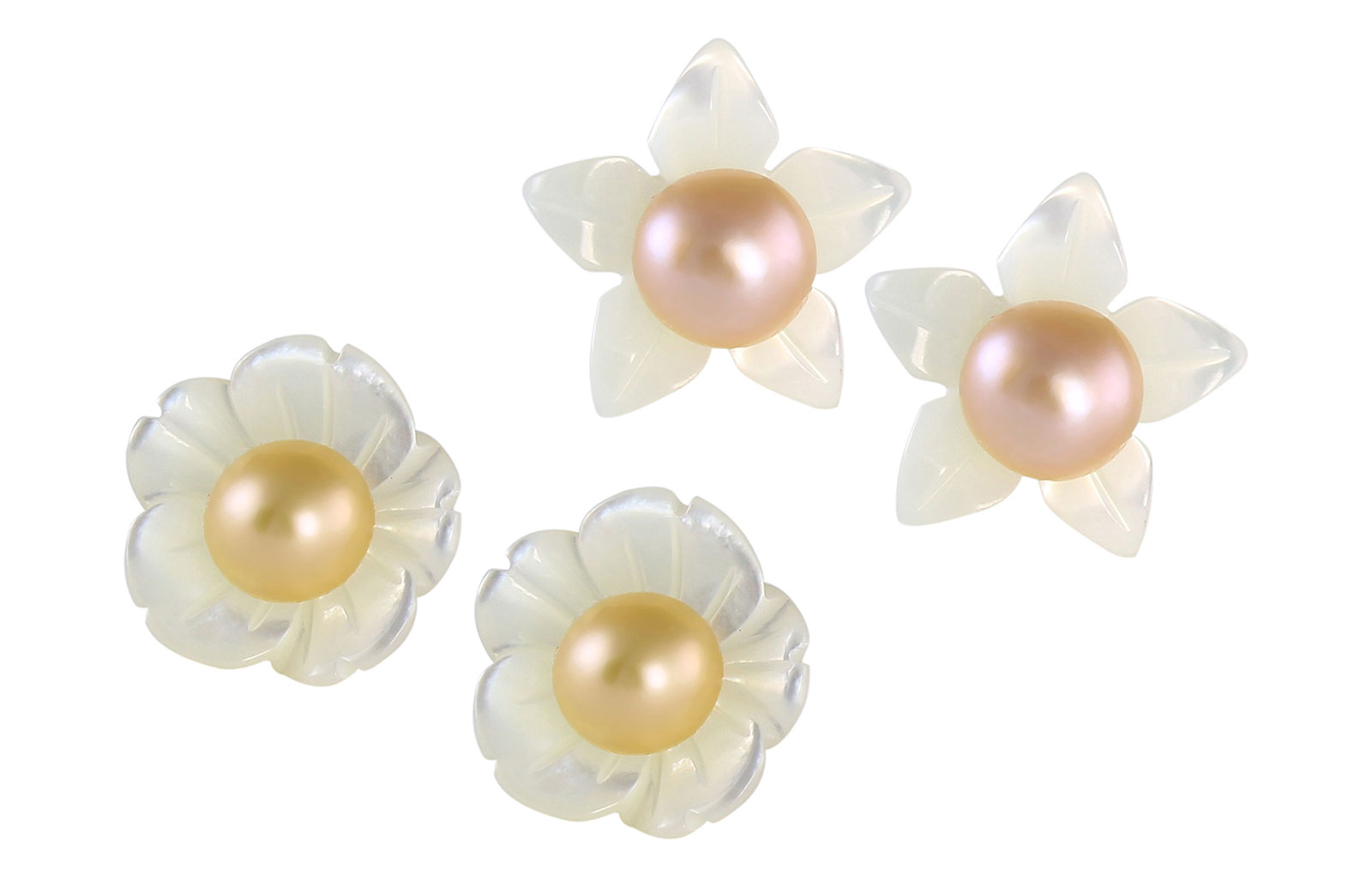 VP Jewels 18K  Yellow Gold,White Shell Flower  and 4-5MM Genuine Pink/Peach + Purple/Lavender Pearls Earrings 