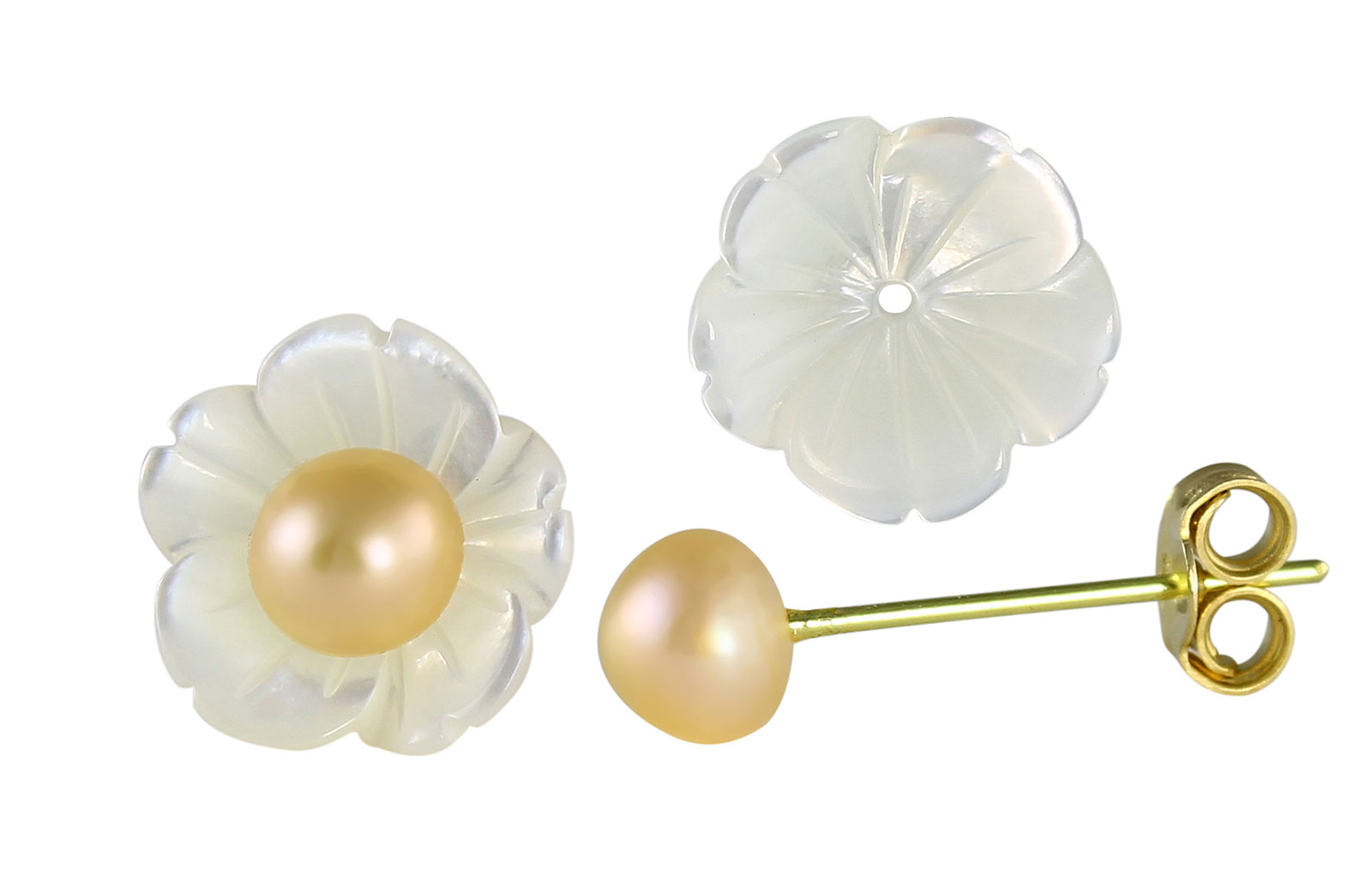 VP Jewels 18K  Yellow Gold,White Shell Flower  and 4-5MM Genuine Pink/Peach Pearls Earrings 