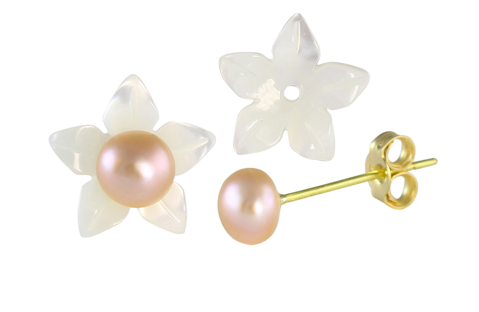 VP Jewels 18K  Yellow Gold,White Shell Flower  and 4-5MM Genuine Purple/Lavender  Pearls Earrings 