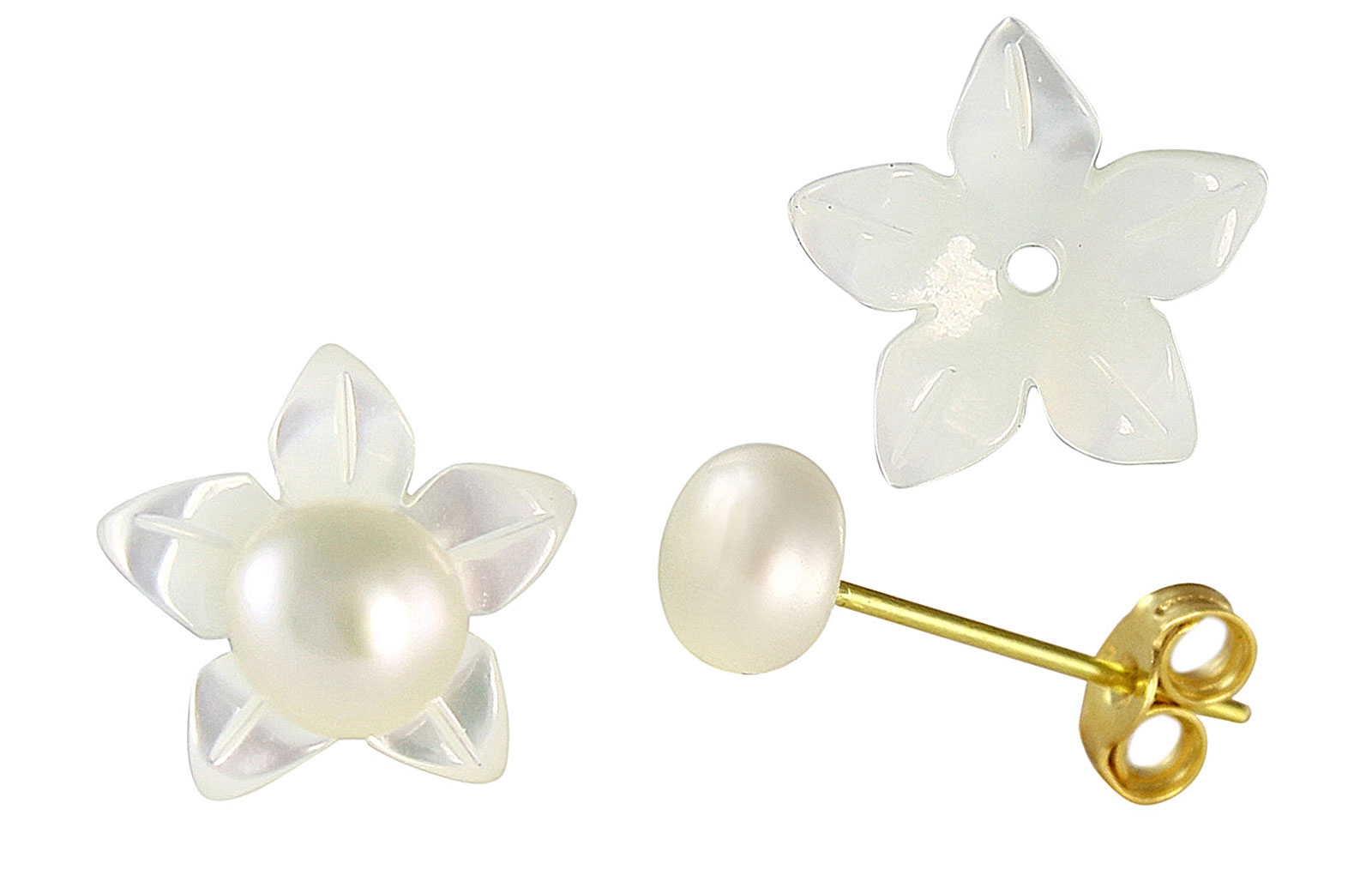 VP Jewels 18K  Yellow Gold,White Shell Flower  and 4-5MM Genuine White Pearls Earrings 