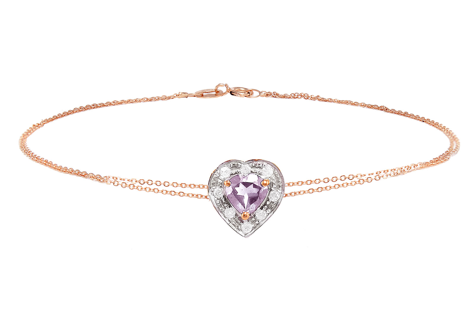 Vp Jewels 18K Rose Gold 0.08ct Genuine Daimond 5mm Rose Quartz Heart Bracelet
