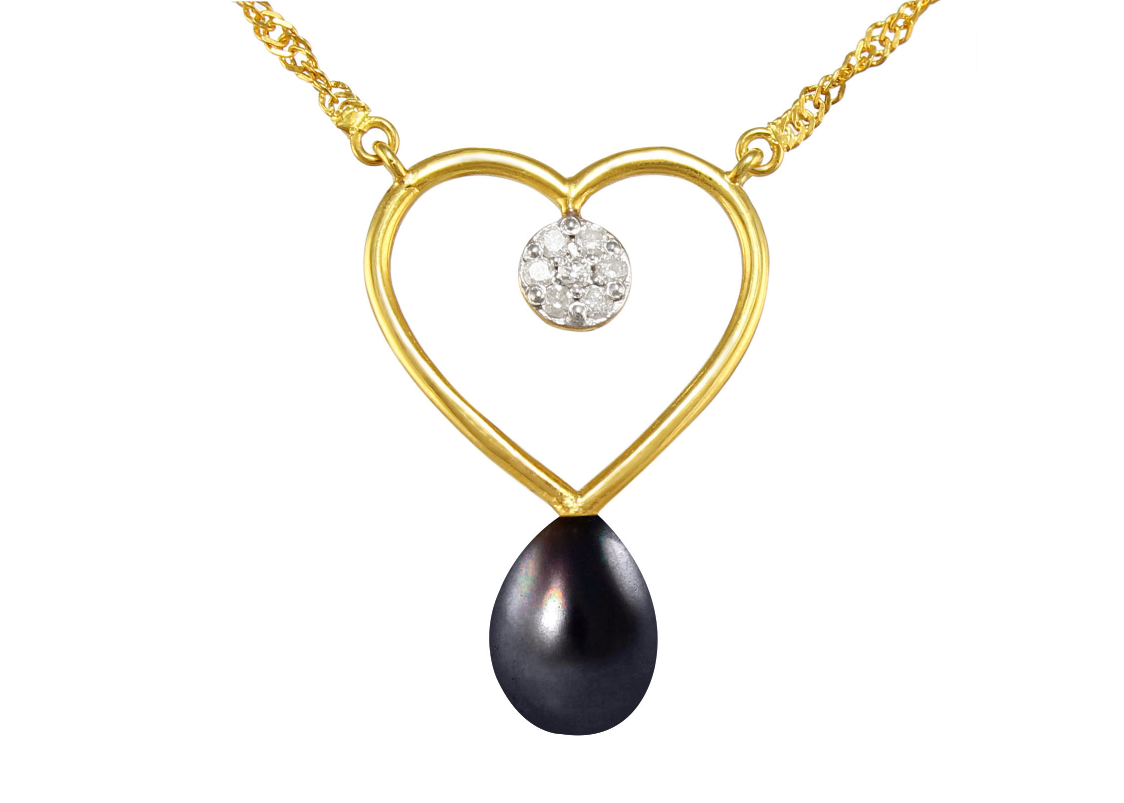 VP Jewels 18K Solid Gold 0.07ct Genuine Diamond and 7mm Black Pearl Heart Pendant Necklace