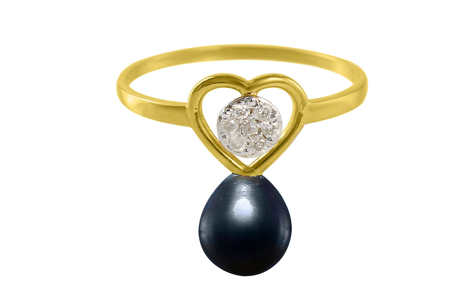 VP Jewels 18K Solid Gold 0.07ct Genuine Diamond and 7mm Black Pearl Heart Ring - Size US 7
