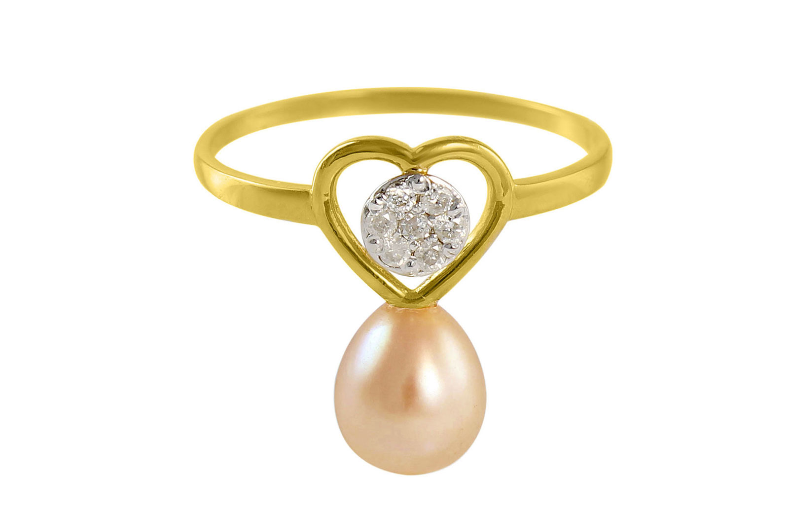 VP Jewels 18K Solid Gold 0.07ct Genuine Diamond and 7mm Pink Pearl Heart Ring - Size US 7