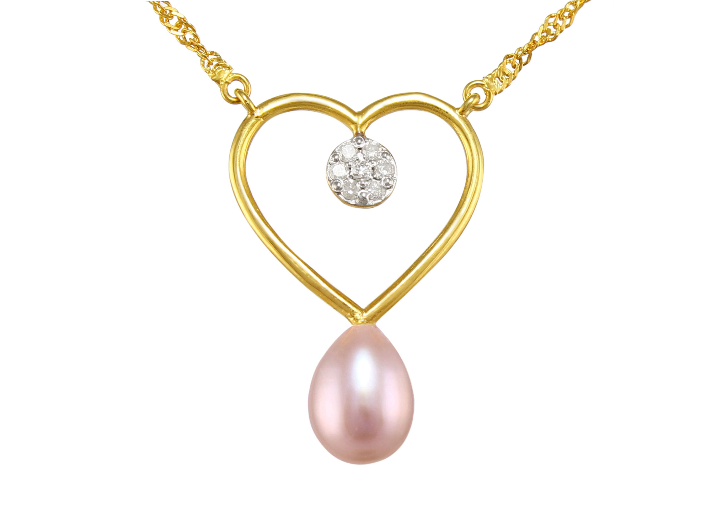 VP Jewels 18K Solid Gold 0.07ct Genuine Diamond and 7mm Purple Pearl Heart Pendant Necklace