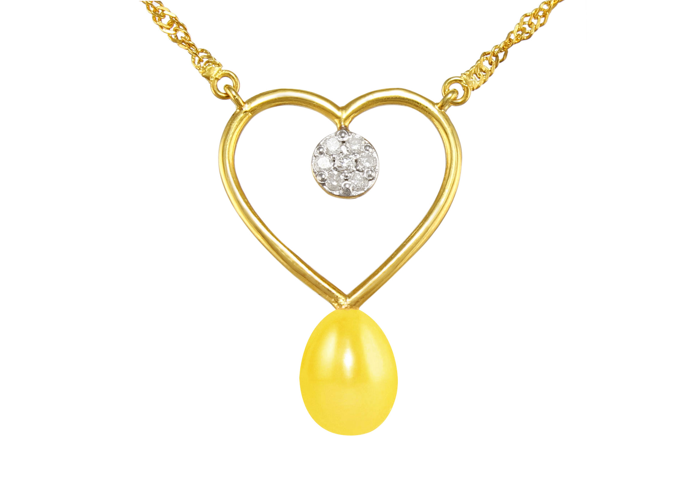 VP Jewels 18K Solid Gold 0.07ct Genuine Diamond and 7mm Yellow Pearl Heart Pendant Necklace