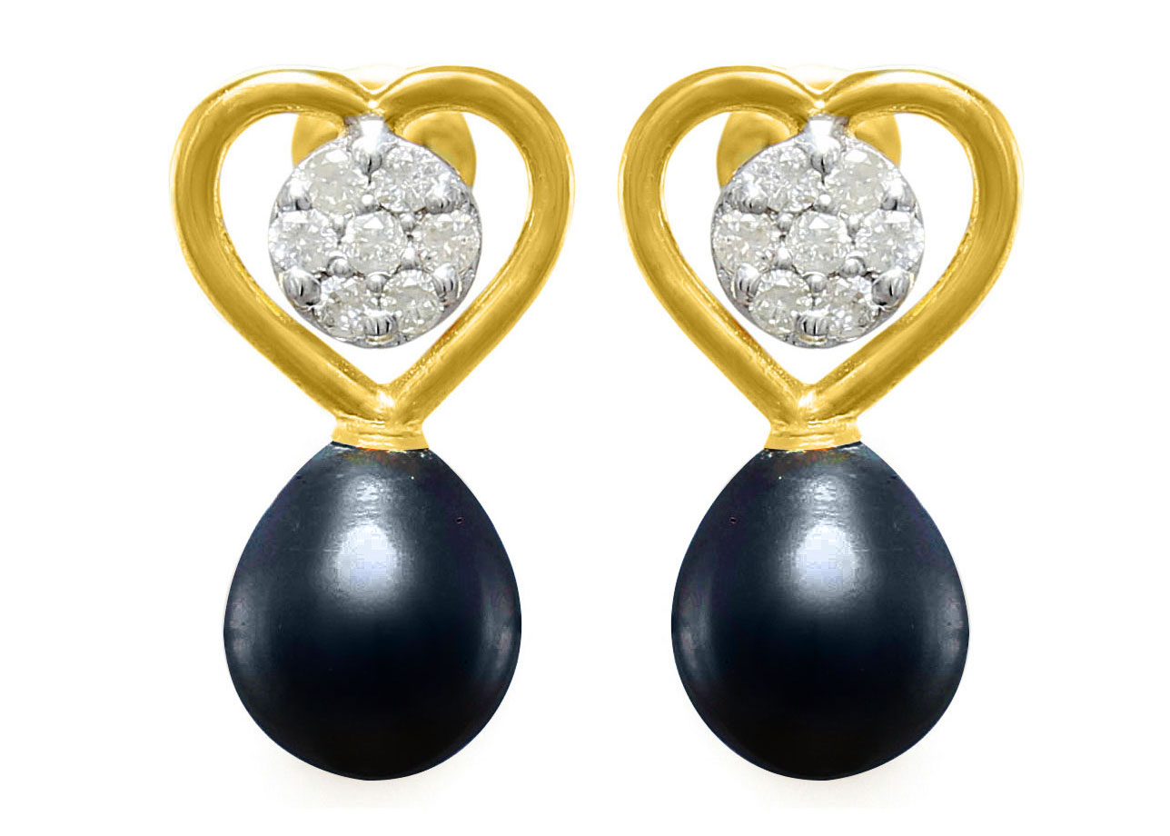 VP Jewels 18K Solid Gold 0.14ct Genuine Diamond and 7mm Black Pearl Solitaire Heart Earrings