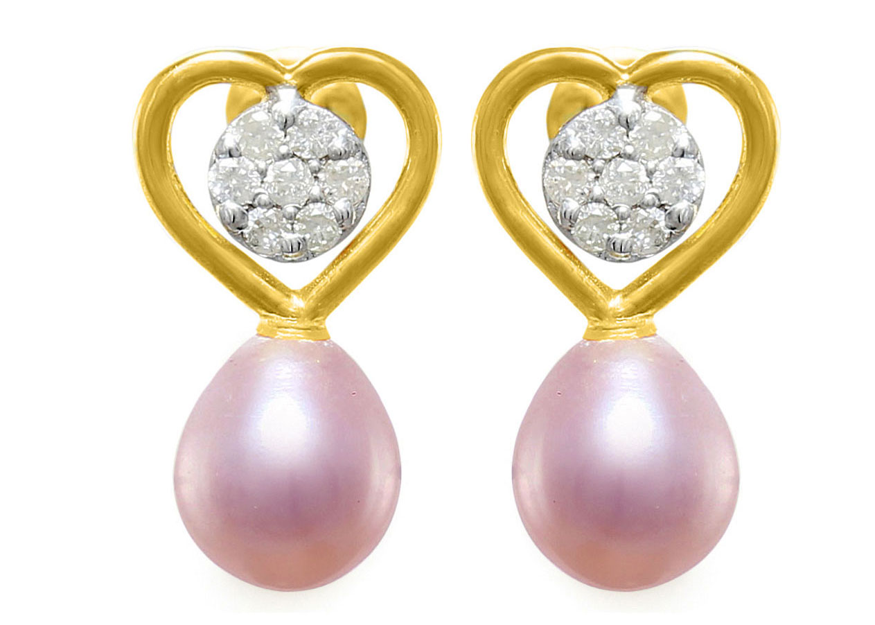 VP Jewels 18K Solid Gold 0.14ct Genuine Diamond and 7mm Purple Pearl Solitaire Heart Earrings