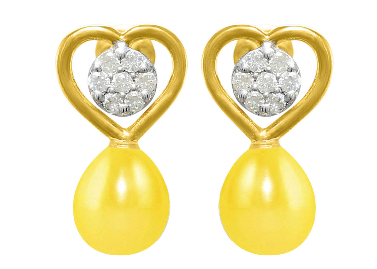 VP Jewels 18K Solid Gold 0.14ct Genuine Diamond and 7mm Yellow Pearl Solitaire Heart Earrings