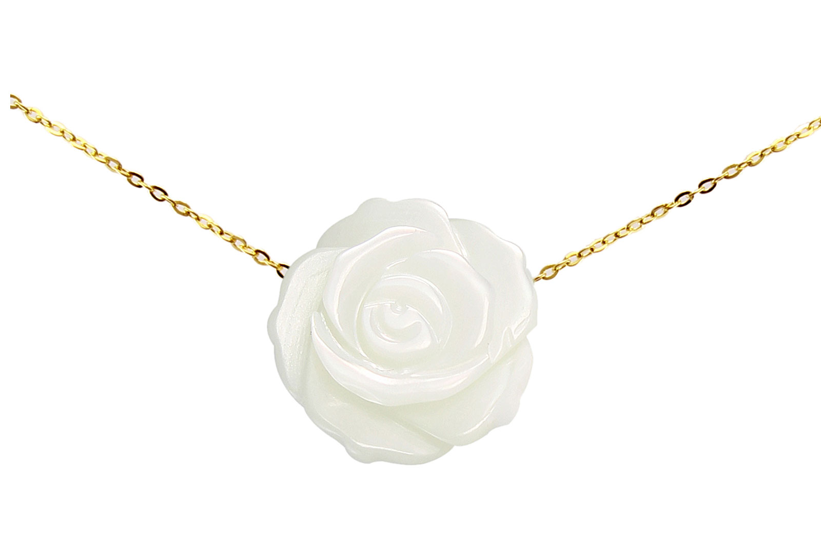 VP Jewels 18K Solid Gold 12mm Rose Carved Mother of Pearl Pendant Necklace