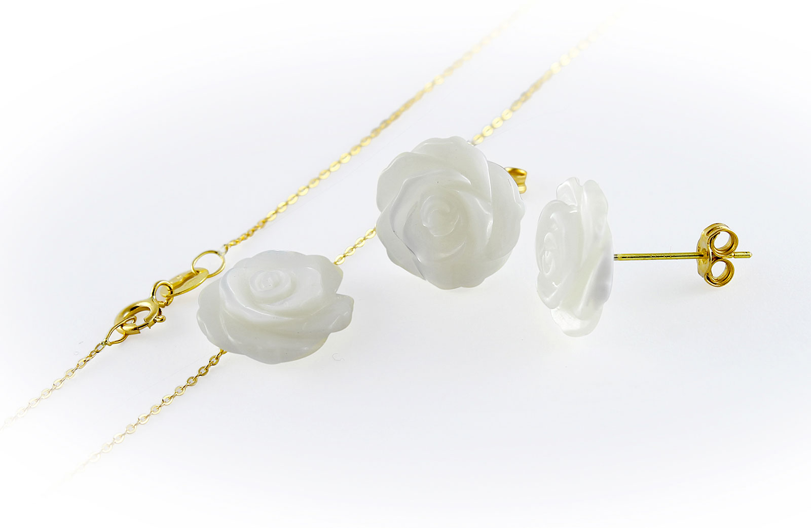 VP Jewels 18K Solid Gold 12mm Rose Carved Mother of Pearl Pendant Necklace and Earring Set
