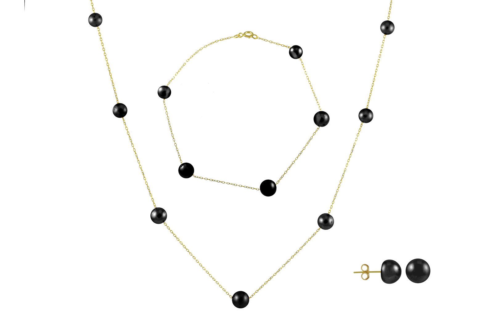 VP Jewels 18K Solid Gold 5-7MM Gradual  Built-in Gold- Black Pearl Necklace + 18K Gold 7MM Pearl Earrings + Bracelet 