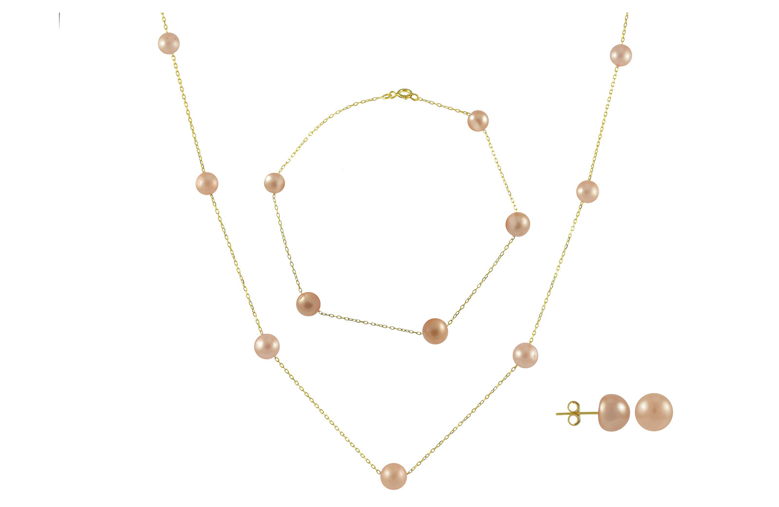 VP Jewels 18K Solid Gold 5-7MM Gradual  Built-in Gold- Pink Pearl Necklace + 18K Gold 7MM Pearl Earrings + Bracelet 