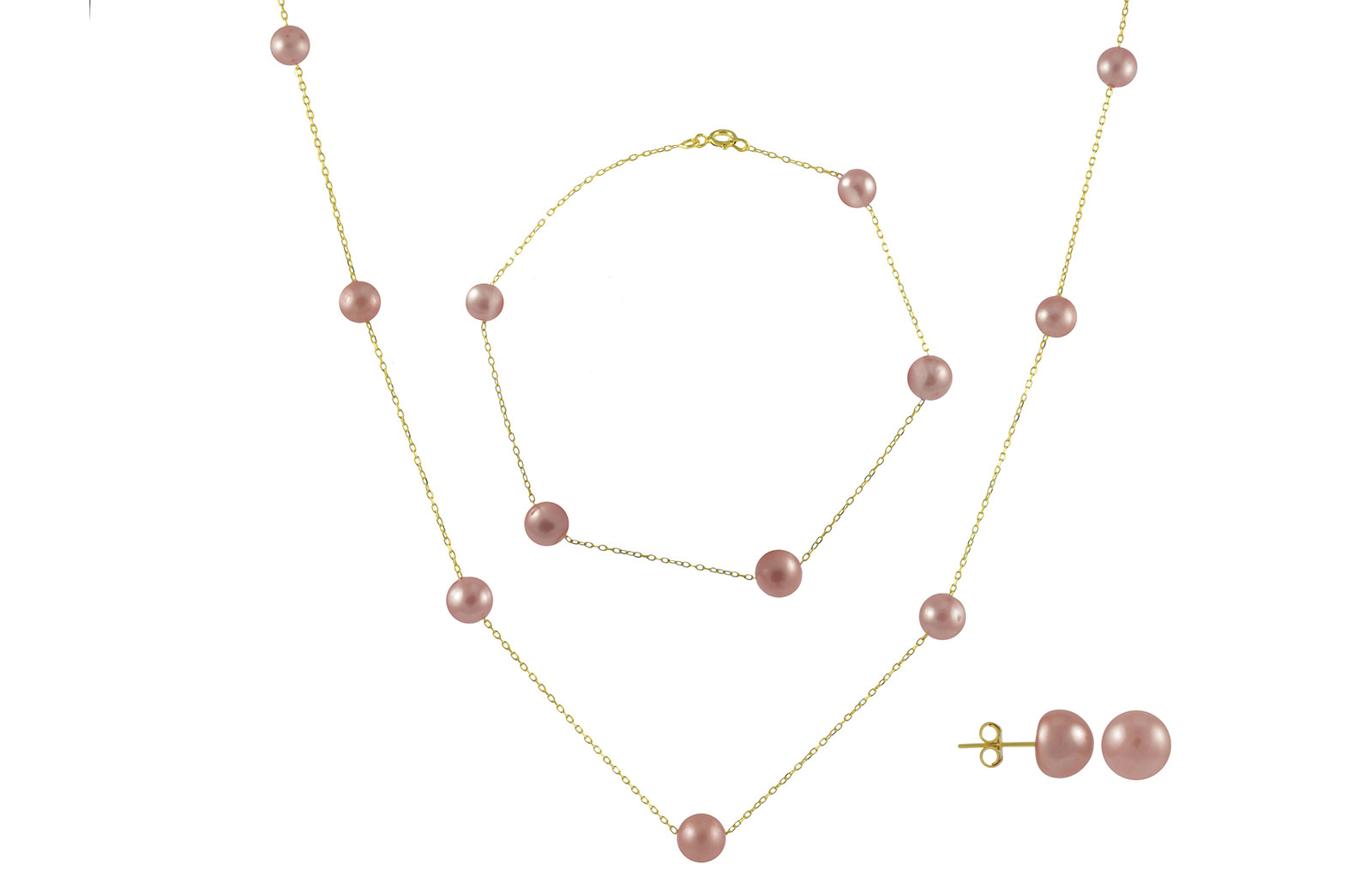 VP Jewels 18K Solid Gold 5-7MM Gradual  Built-in Gold- Purple Pearl Necklace + 18K Gold 7MM Pearl Earrings + Bracelet 