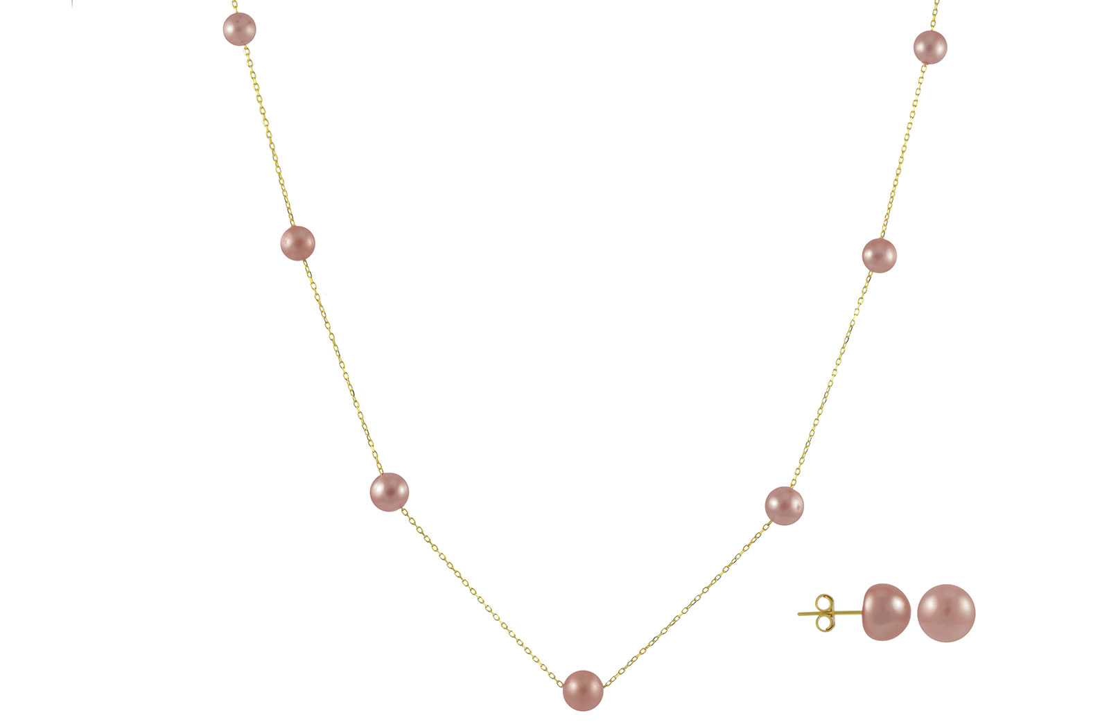 VP Jewels 18K Solid Gold 5-7MM Gradual  Built-in Purple Pearl Necklace + 18K Gold 7MM Pearl Earrings