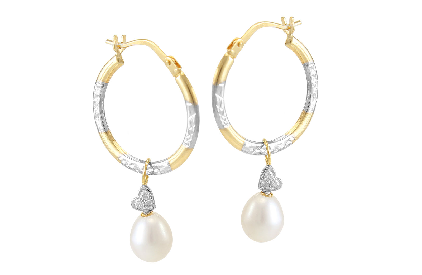 VP Jewels: 18K Solid Gold and 0.06cts  and 7mm White Pearls Diamonds Medium Hoops With Hearts Earrings  