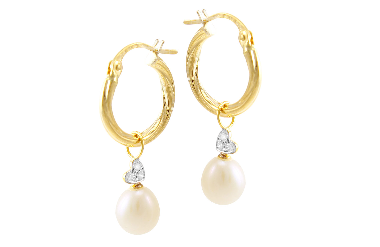VP Jewels: 18K Solid Gold and 0.06cts  Diamonds and 7mm White Pearls Small Hoops With Hearts Earrings  