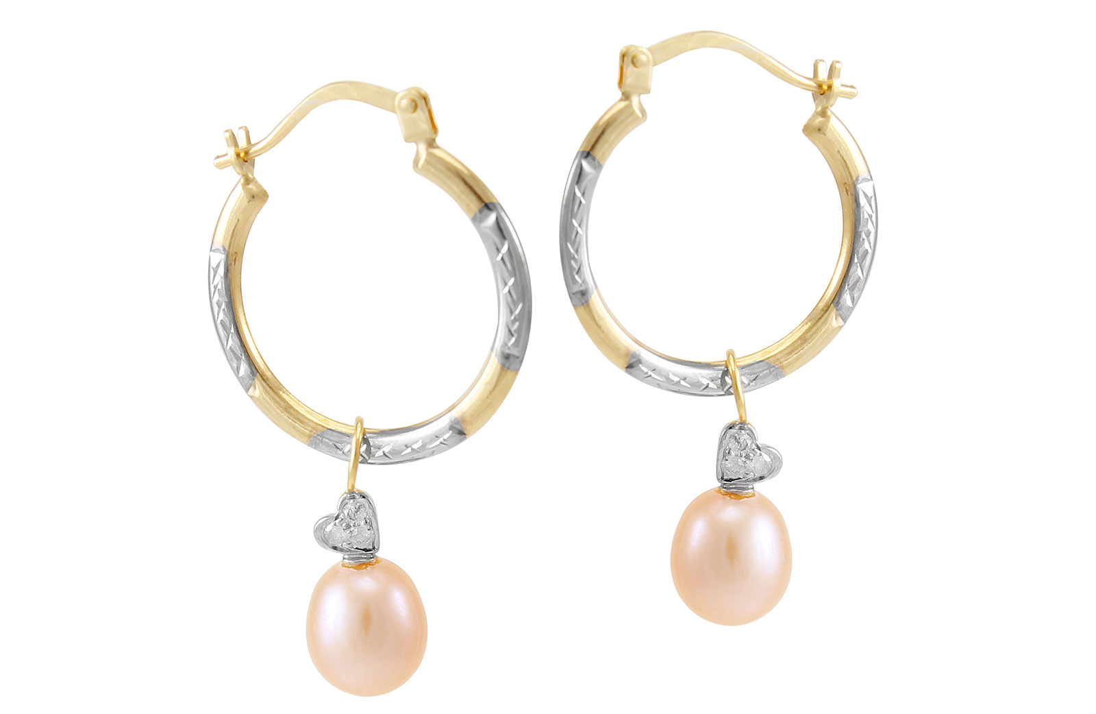 VP Jewels: 18K Solid Gold and 0.06cts  Diamonds Pink Pearls Diamonds Medium Hoops With Hearts Earrings  