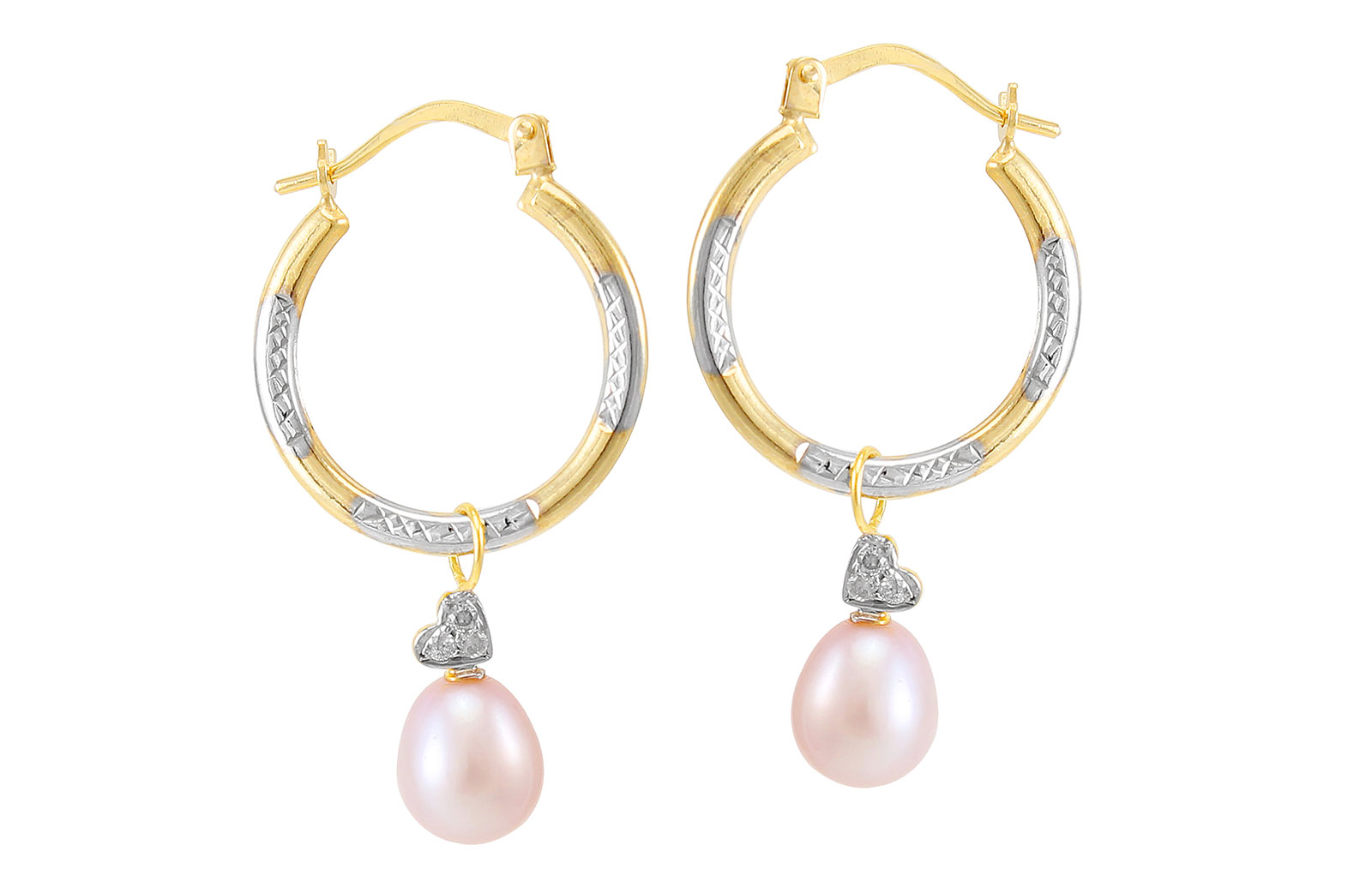 VP Jewels: 18K Solid Gold and 0.06cts  Diamonds Purple Pearls Diamonds Medium Hoops With Hearts Earrings  