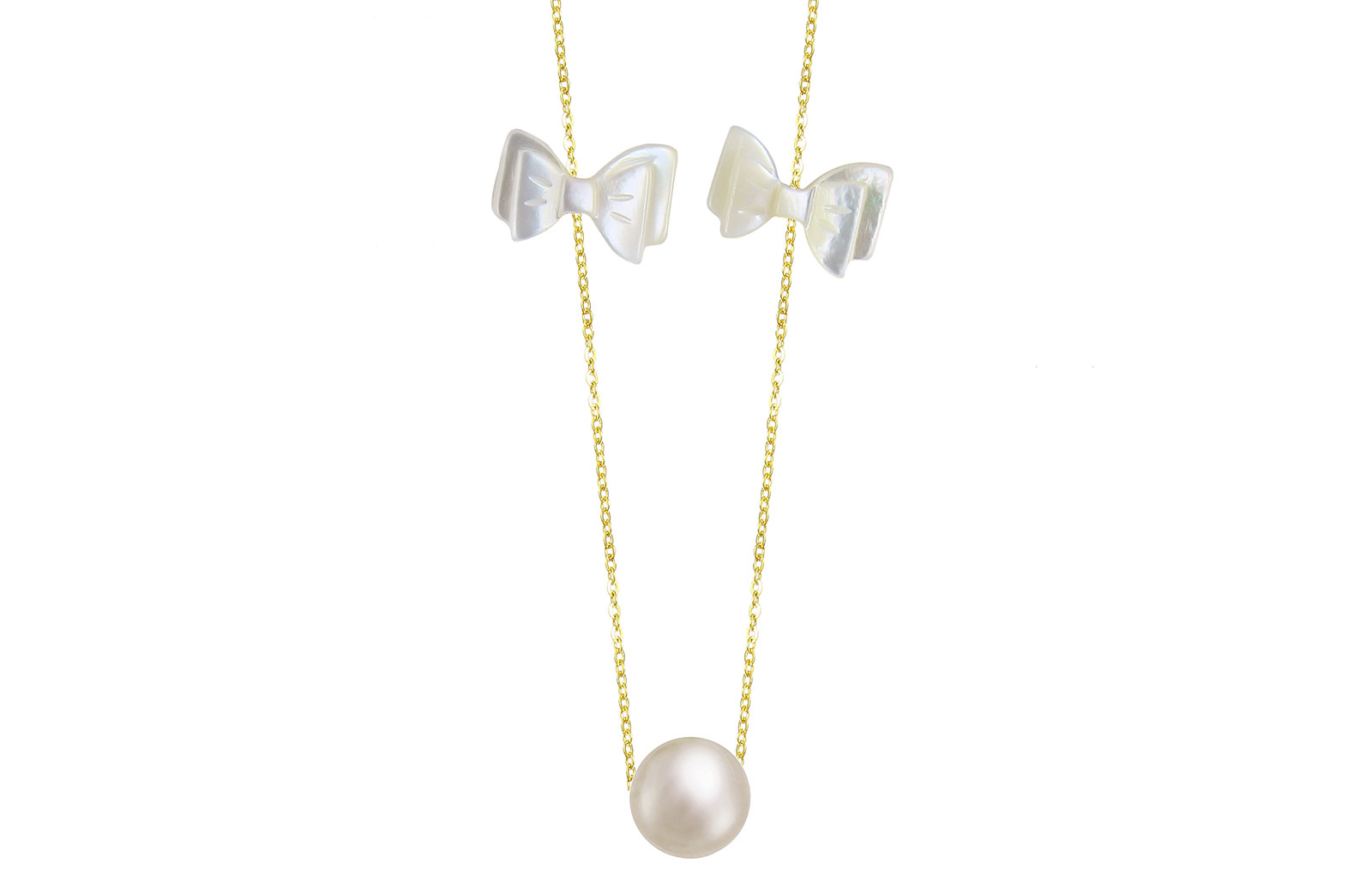 VP Jewels 18K Solid Gold Simple 7mm White Pearl with 2 Mother of Pearl Bow Pendant Necklace