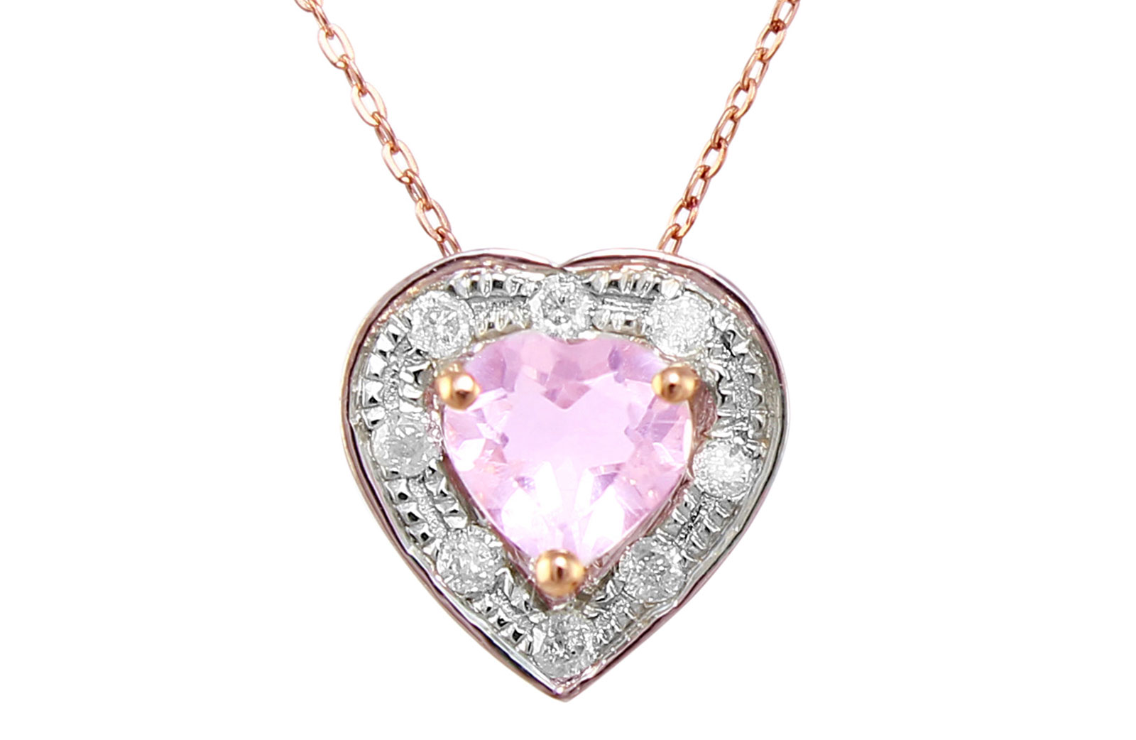 Vp Jewels 18k Solid Rose Gold 0.08ct Genuine Diamond 5mm Rose Quartz Heart Pendant Necklace