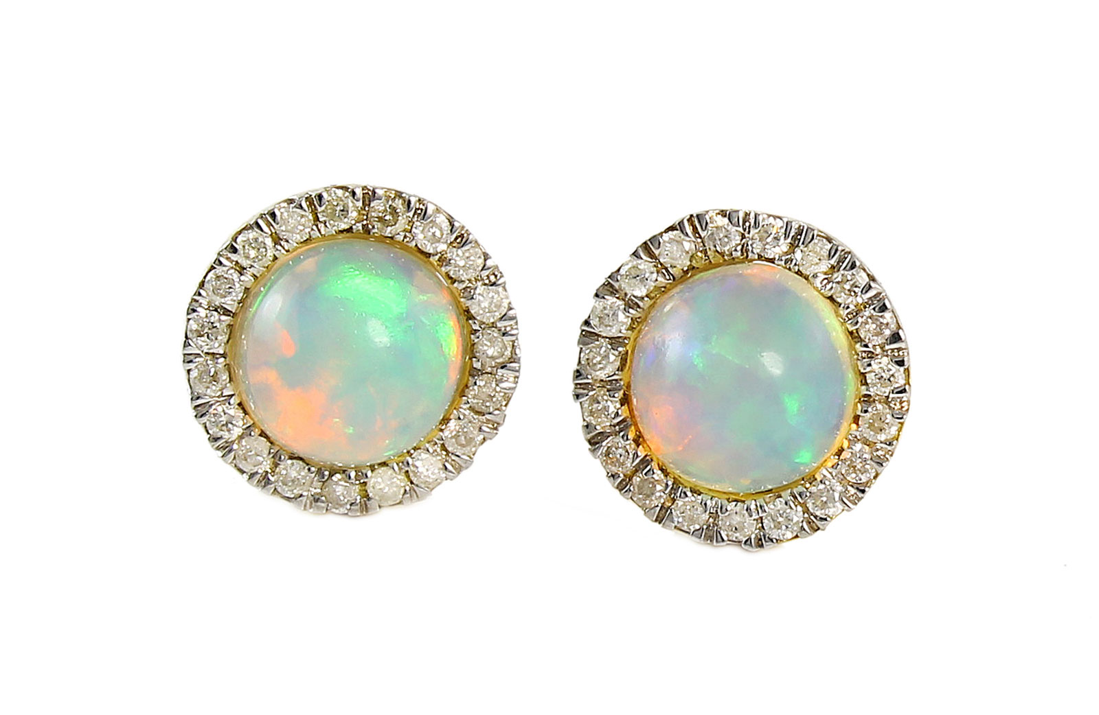 VP Jewels: 18K Solid Yellow Gold  0.20CT Genuine Diamonds  and 6mm Opal  Round Cabochon Cut Earrings 
