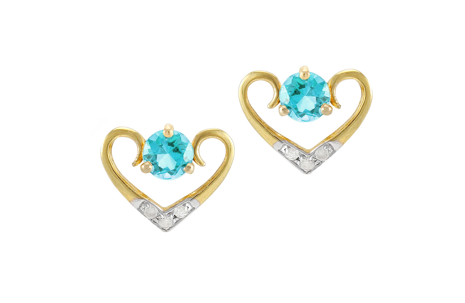 VP Jewels: 18K Solid Yellow Gold 0.06CT Genuine Diamonds  and 4mm Swiss Blue Topaz   Heart Earrings  