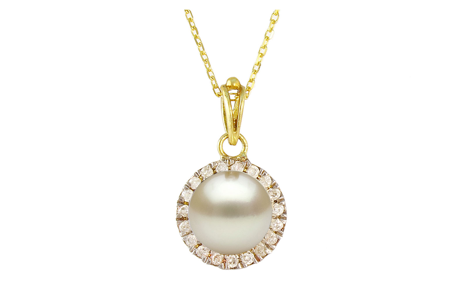 VP Jewels: 18K Solid Yellow Gold 0.10CT Genuine Diamonds  and 6mm Genuine Pearl Necklace