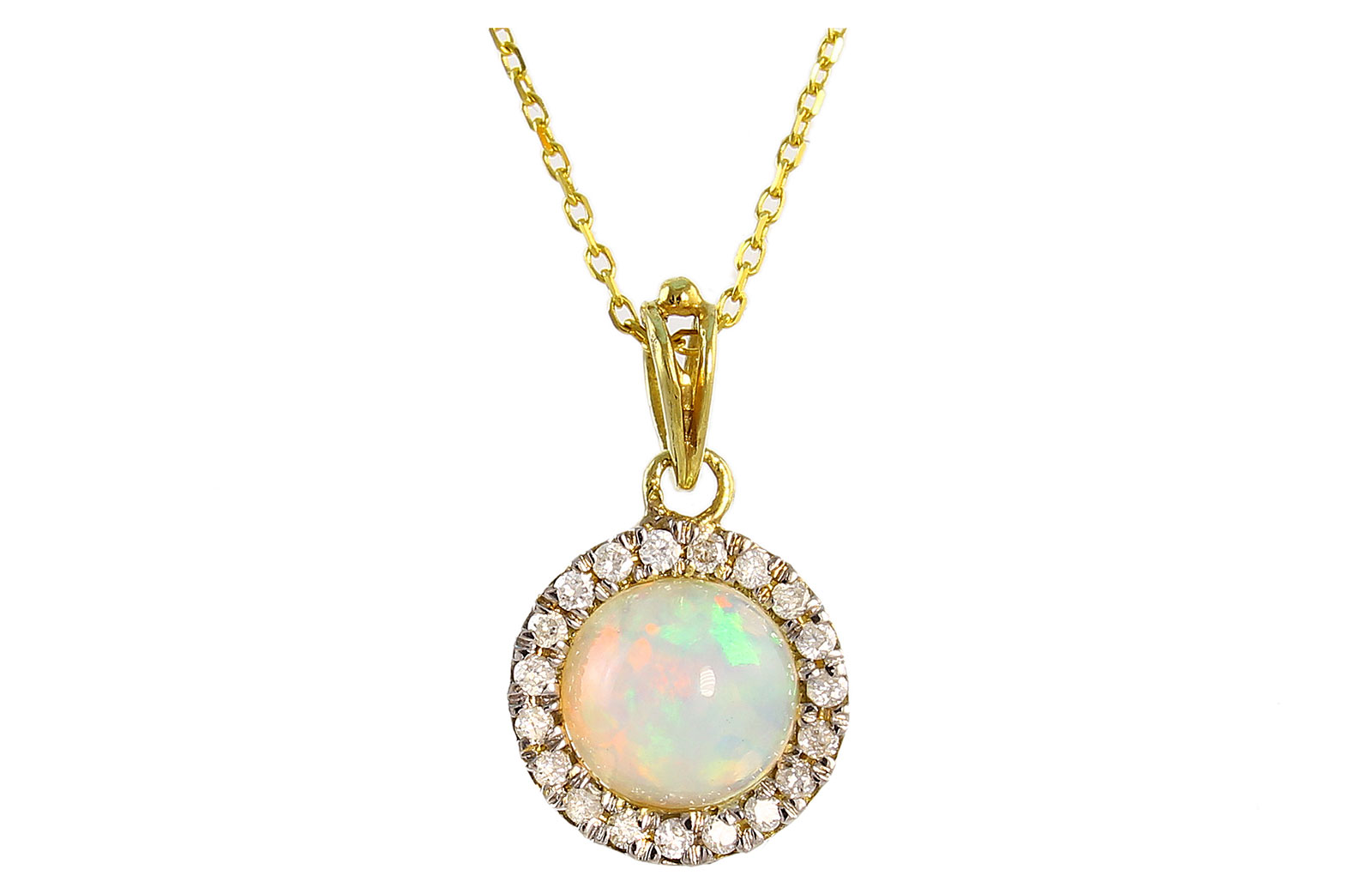 VP Jewels: 18K Solid Yellow Gold 0.10CT Genuine Diamonds  and 6mm Opal  Round Cabochon Cut Necklace