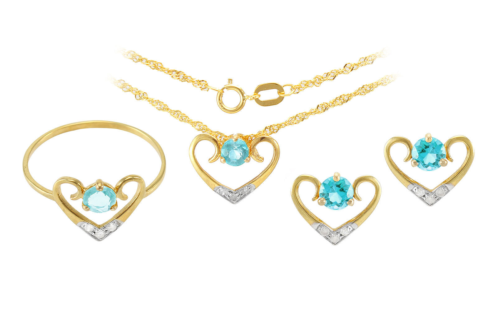 VP Jewels: 18K Solid Yellow Gold 0.12CT Genuine Diamonds  and 4mm Swiss Blue Topaz   Heart Jewelry Set