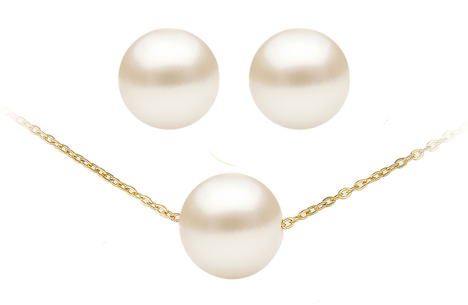 VP Jewels 18K Yellow Simple 7MM White Pearl  Pendant Necklace and 6-7mm Earrings Set
